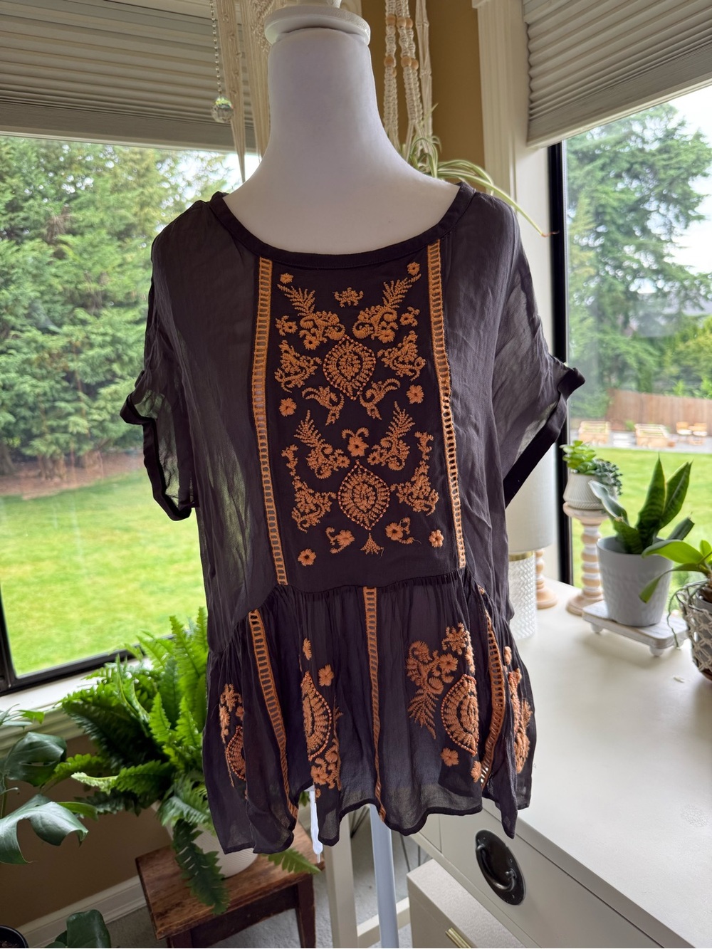 Women's  Grey  Peasant Top with Orange Embroidery